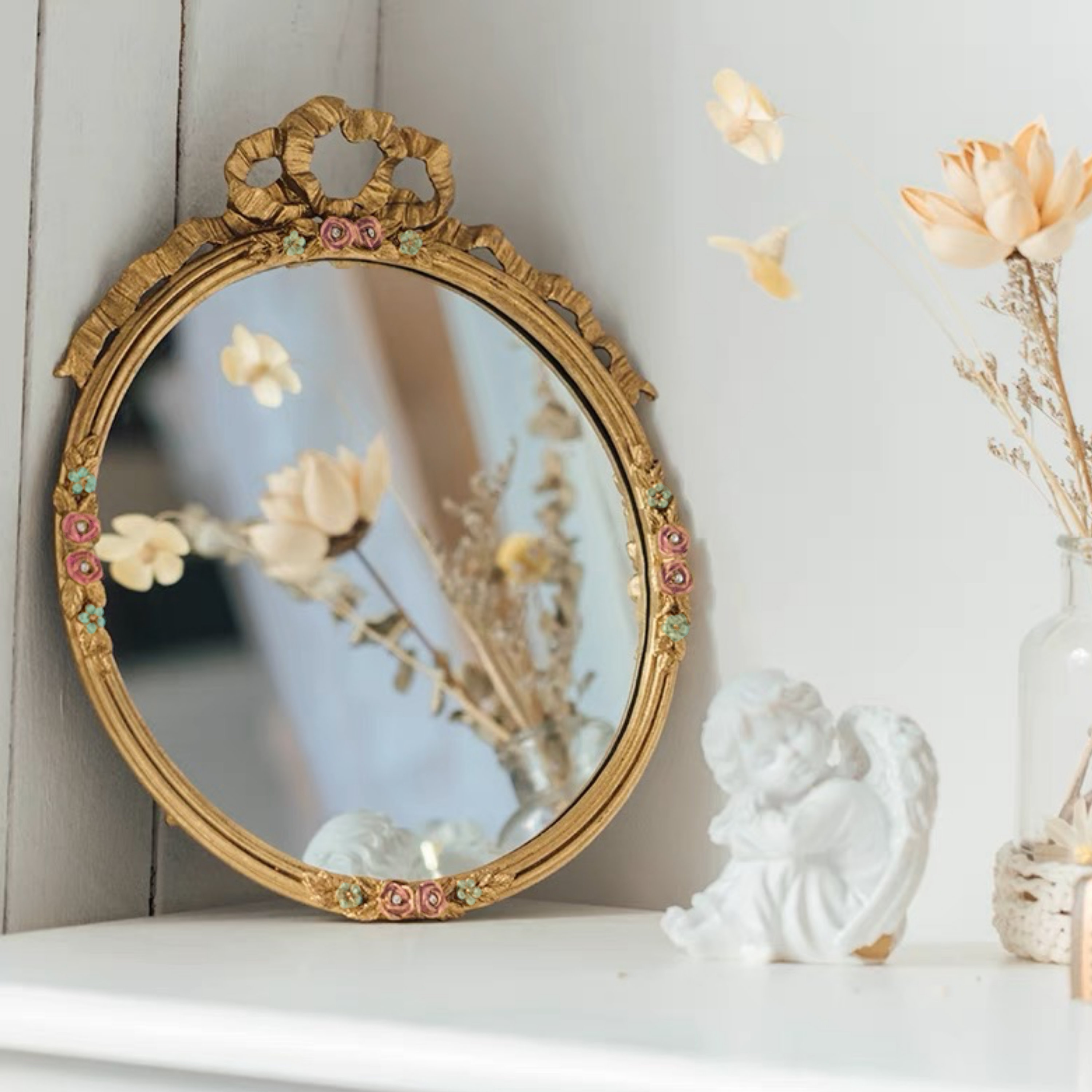 Ornate Gold Mirror Vintage Round Mirror Gold Metal Bow Mirror Pewter