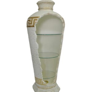 Exclusieve witte amphora-vormige bar - Griekse stijl, verlicht, glazen planken, H: 1,27 m