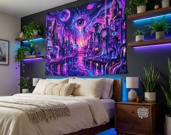 Trippy Neon Dreamscape City – Psykedelisk Vaporwave Skyline Konsttryck