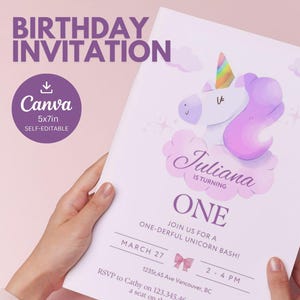 Einhorn-Geburtstags-Einladung, lila und Einhorn-Geburtstags-Einladungsvorlage zum Ausdrucken, Einladung digital bearbeitbar in Canva, Größe 5x7