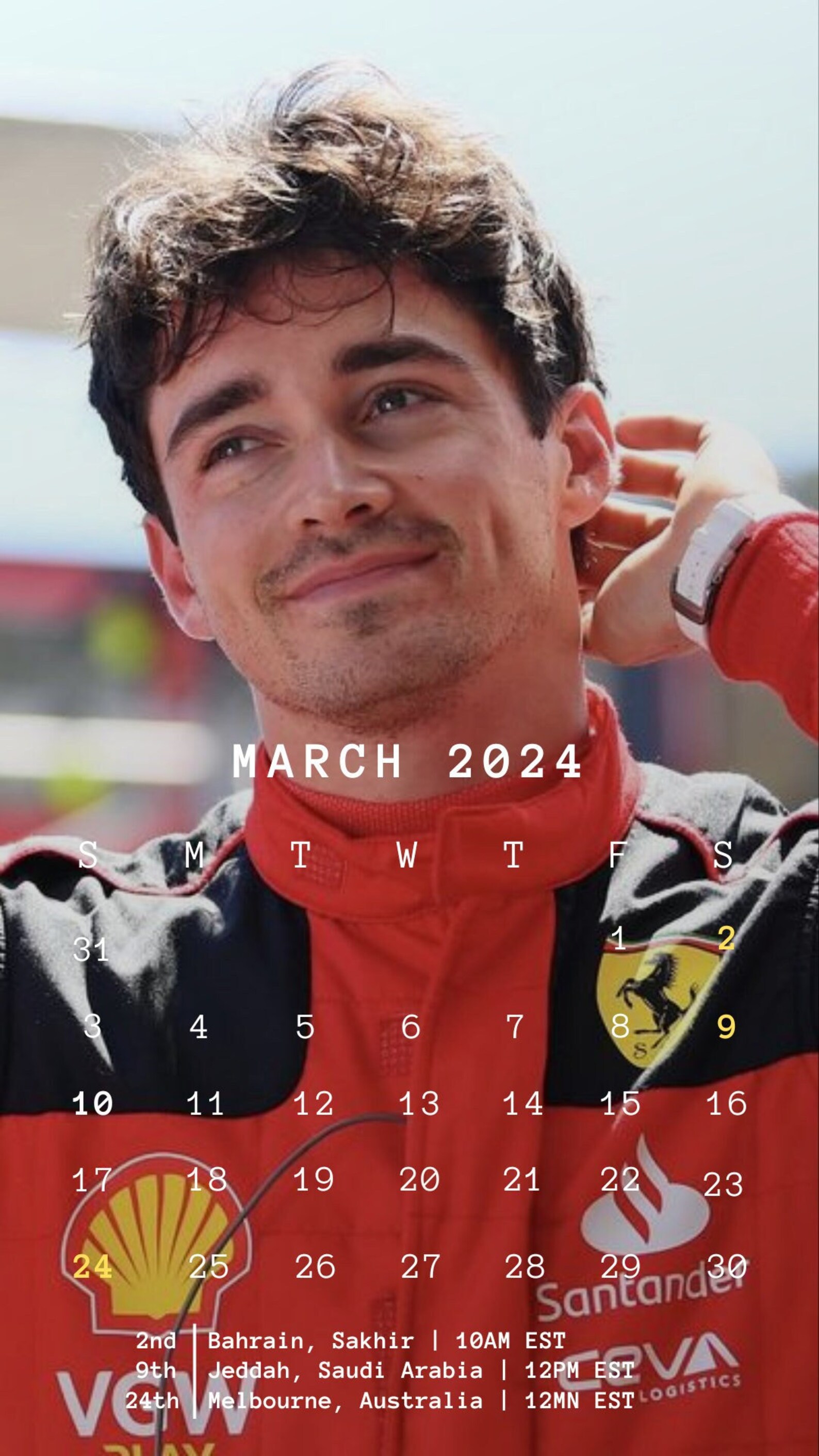 F1 2024 Phone Wallpaper With Race Calendar Charles Leclerc CL16 sept to