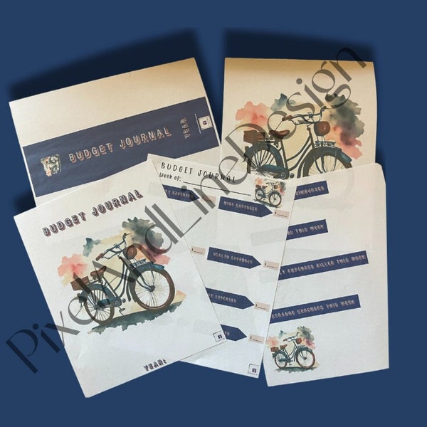 Vintage Blue Bike Design Budget Journal for bookkeeping & record keeping. Weekly input printable. Keep track of Expenses, Payments, Bills.