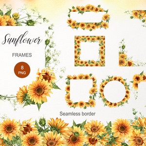 Sonnenblumen Rahmen & Kranz Clipart. Nahtloser Rahmen als PNG Hintergrund. Aquarell Blumenrahmen. Ecke Strauß. Digitaler Download Bild-010
