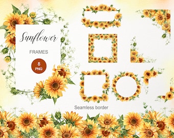 Sunflower frame & wreath clipart. Seamless border PNG background. Watercolor floral frame. Corner bouquet. Digital download image 010