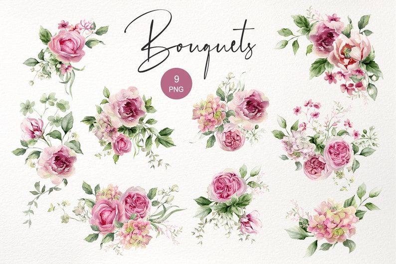 Pink Roses Clipart. Watercolor Floral Bouquet PNG. Garden Rose, Peony ...