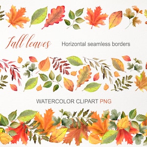 Fall leaves seamless border. Watercolor autumn clipart PNG. Maple leaf string garland. Thanksgiving background. Digital download graphic