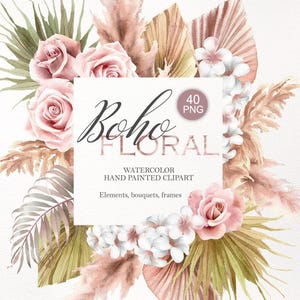 Clipart de flores boho aquarela. Capim-dos-pampas PNG, borda de folhas de palmeira secas, pacote de arranjo floral neutro de outono. Arquivos digitais 002