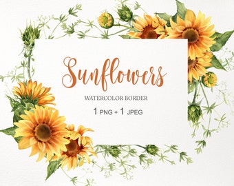 Sunflower border clipart. Watercolor sunflower frame PNG. Sunflower corner overlay. Floral rustic background, digital download image 010