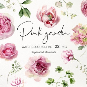 Aquarell Blumen Clipart. Rosa Blumen PNG-Design-Elemente. Gartenrosen, Pfingstrose, Hortensie, Grün. Hochzeitseinladung. Digitaler Download 009