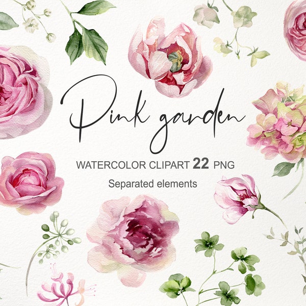 Watercolor flowers clipart. Pink floral PNG design elements. Garden roses, peony, hydrangea, greenery. Wedding invite. Digital download 009