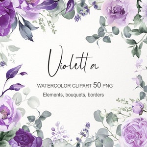 Imágenes prediseñadas de flores de acuarela violeta. Borde floral malva púrpura PNG, corona, marco. Imagen digital de plantilla de invitación de ramo de boda