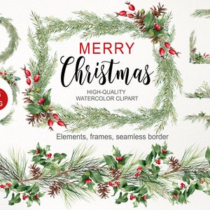 Pacchetto clipart di verde natalizio ad acquerello. Bordo invernale PNG ghirlanda ghirlanda Biglietto di auguri natalizi Cornice di agrifoglio Immagine grafica digitale