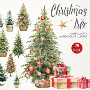 Weihnachtsbaum Clipart. Aquarell Weihnachtsbaum PNG. Baum mit Schnee. Gold und rote Kugeln, Weihnachtsgeschenk. digitale Illustration