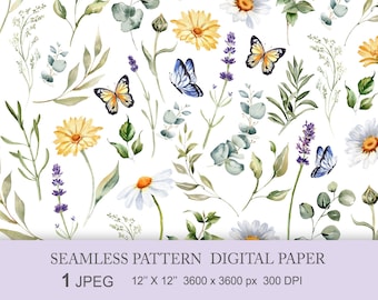 Watercolor wildflower digital paper pack. Daisy flowers, lavender, butterfly seamless pattern. Summer floral background, wrap paper, fabric