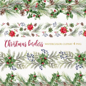 Clipart di bordo senza soluzione di continuità di Natale ad acquerello. Ghirlanda floreale verde invernale PNG. Stella di Natale, agrifoglio, cornice di linee di corda Immagine grafica digitale