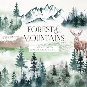 Clipart forêt aquarelle. Montagne PNG. Arbres brumeux. Paysage naturel. Arrière-plan de la scène boisée. Conception par sublimation Numérique