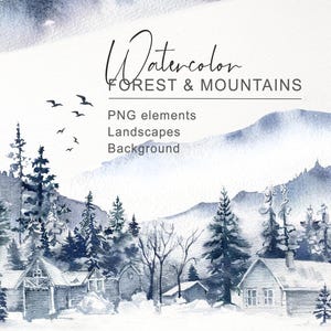 Bleu hiver Clipart aquarelle paysage. Forêt enneigée, clipart montagne, arbres à feuilles persistantes. Scène de Noël indigo au pays des merveilles. Numérique