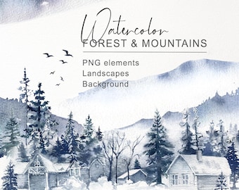 Blue Winter Clipart Watercolor Landscape. Snowy Forest, Mountain clipart, evergreen trees. Indigo Christmas wonderland scene. Digital
