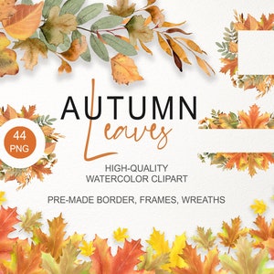 Clipart di foglie autunnali. Bordo autunnale dell'acquerello PNG. Angolo di foglia d'acero, ghirlanda, cornice orizzontale. Design della carta del Ringraziamento. Grafica digitale