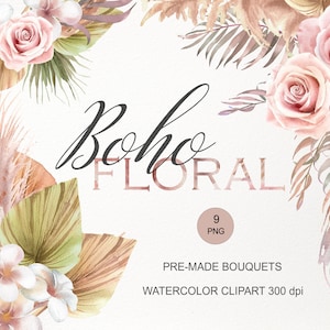 Clipart floral bohème aquarelle. Bouquet d'herbe de la pampa, de feuilles de palmier séchées et de fleurs de rose PNG. Composition florale tropicale esthétique 002