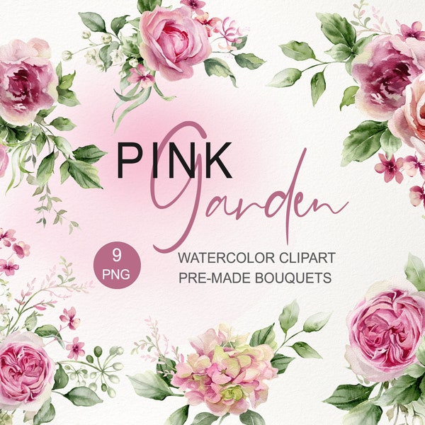 Pink roses clipart. Watercolor floral bouquet PNG. Garden rose, peony, hydrangea, greenery. Wedding invite card. Digital download image 009