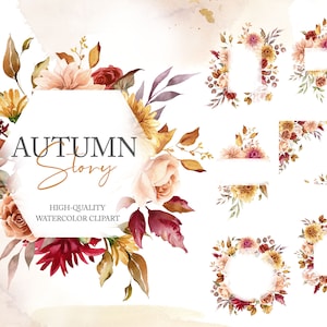 Clipart acquerello floreale autunnale. Bordo dei fiori autunnali PNG. Fogliame bordeaux in terracotta Sfondo della carta del Ringraziamento. Grafica digitale 012