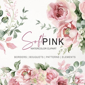Rosa florales Clipart. Aquarell Rose & Eukalyptus PNG.  Blumenstrauß Blumenrahmen Borte Blumenstrauß Musterdesign digitales Papier 011