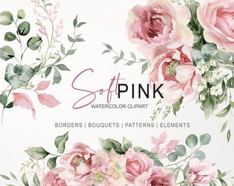 Light pink floral clipart. Watercolor rose & eucalyptus PNG.  Blush Flower frame border wreath bouquet seamless pattern digital paper 011