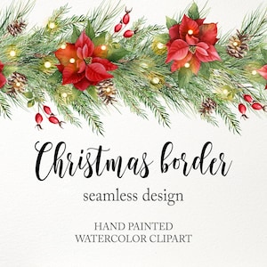 Guirlande de sapin de Noël PNG. Clipart bordure de poinsettia. Ornement peint à l'aquarelle. Conception sans couture. Lumières de Noël, illustration numérique
