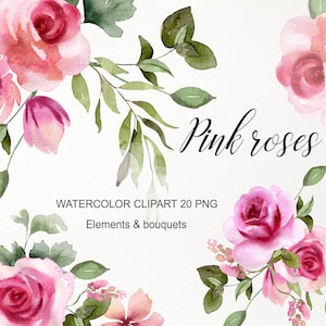 ピンクの花のクリップアート。水彩バラの PNG。マゼンタの花のクリップアート。フクシアの花。ウェディングブーケの招待状。デジタルダウンロード画像