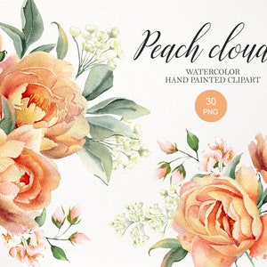 Pfirsich Pfingstrose floral Clipart. Aquarell apricot orange Blumen PNG. Peachy Blumensträuße Sublimation, Hochzeit einladen. Digitaler Download