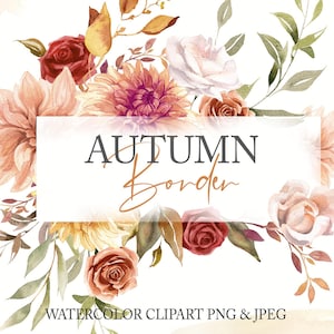 Herbst Blumenrahmen PNG. Herbst-Blumen-Bordüre. Terrakotta verblasste Rosen, Herbstlaub. Digitales Blumen Clipart 012
