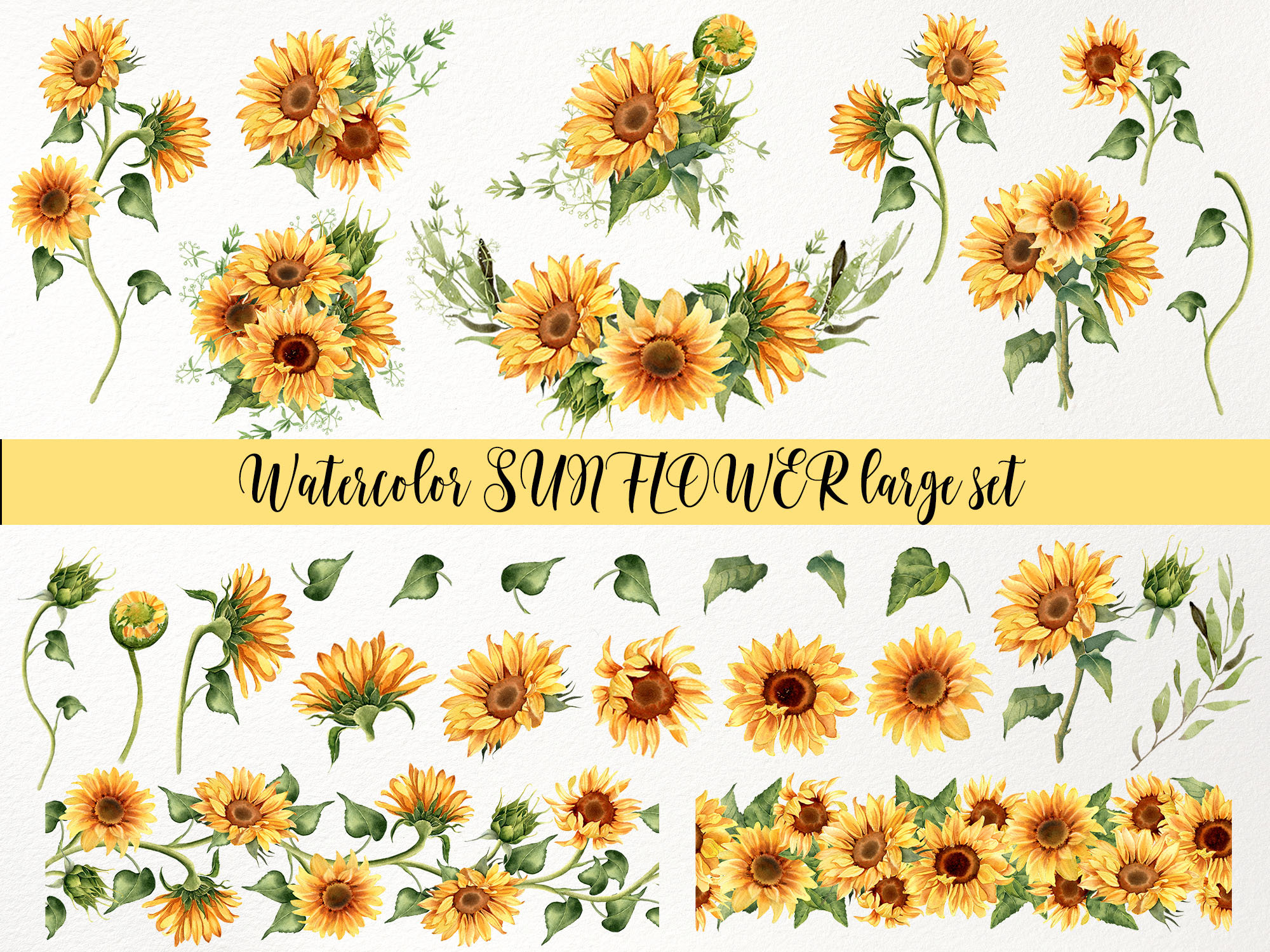 Sunflower PNG. Watercolor Sunflowers clipart. Sublimation design. Seamless border, wreath, bouquet, floral frame digital download image 010