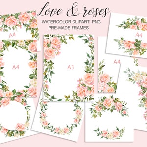 Clipart de bordure florale rose aquarelle. Couronne de cadre floral fond. Graphisme de conception numérique de modèle de mariage 005