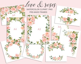 Watercolor blush rose flower border clipart. Floral background frame wreath. Wedding template digital design graphic 005