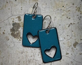 Cute Heart Cutout Enameled Earrings in Sapphire