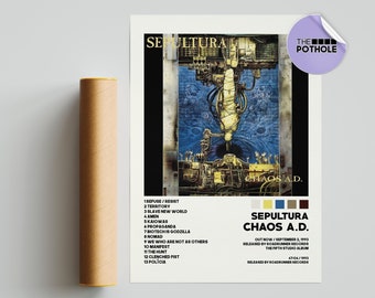 Carteles de Sepultura / Cartel de Chaos AD, Cartel de portada del álbum de lista de canciones, Arte de pared impreso, Póster personalizado, Sepultura, Caos AD