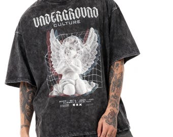 PREMIUM Angel Underground Culture Acid Wash Oversize T-Shirt, Grunge Streetwear, Vintage Washed Tee,