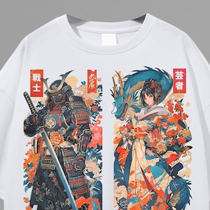 Camiseta geisha samurái de anime japonés, de gran tamaño y hombros caídos, inspirada en cómics japoneses, camiseta de guerrero, ropa urbana colorida de tendencia 2025