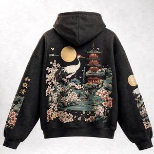 PREMIUM Japanese Garden Boxy Hoodie – Crane Pagoda Sakura Hoodie, Japanese Streetwear, Cherry Blossom Hoodie, High Quality Hoodie