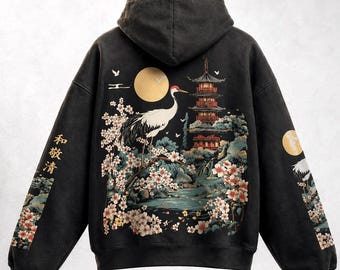 PREMIUM Japanese Garden Boxy Hoodie – Crane Pagoda Sakura Hoodie, Japanese Streetwear, Cherry Blossom Hoodie, High Quality Hoodie