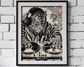 Vintage Japanese DJ Tiger Wall Art Print | Wood Block Vintage Japan Music Art | EDM Poster | Gift For Dj | Studio Decor