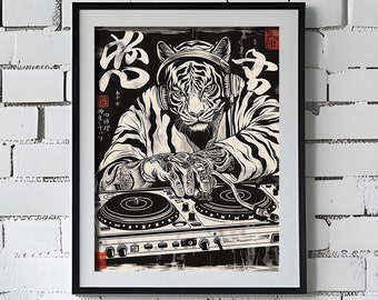 Tiger DJ Japanese Vintage Wood Block Poster Print | High Contrast