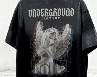 PREMIUM Alt-Rock Angel Tie-Dye T-Shirt – Underground Culture Streetwear, Grunge Grey Graphic, Edgy Rock-Inspired Oversized Tee