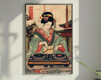 Japanese Geisha DJ Wall Art Print | Edo Period Geisha EDM Poster