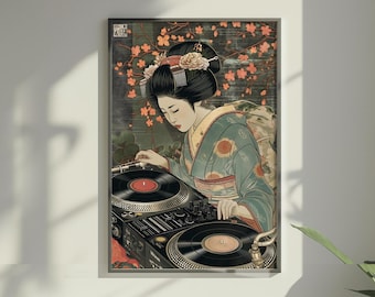 Beautiful Japanese Geisha DJ Wall Print | Vintage Dj Art | Classic Geisha Spinning Records | Gift For DJ | Music Studio Decor
