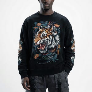 Japanese Streetwear Tiger Print Sweatshirt – Premium French Terry Crewneck, High Quality Cotton,