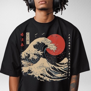 Japanische große Welle von Kanagawa Übergröße tief fallende Schulter-T-Shirt, Japan Streetwear-Mode, japanische Ästhetik, Tokyo Wave Shirt
