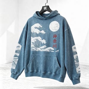 PREMIUM Kanagawa The Great Wave Snow Washed Oversize Retro Hoodie, High Quality, Japanese Streetwear, French Terry, Japan Design Fashion