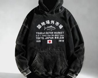 Sudadera con capucha bordada del mercado de Tsukiji, sudadera con capucha de estilo urbano japonés de primera calidad, sudadera con capucha extragrande lavada a la nieve, sudadera con capucha extragrande de diseñador